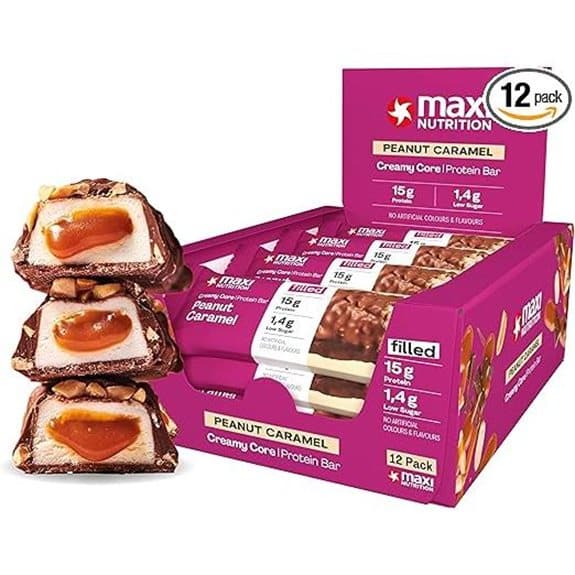 15 beste Proteinriegel, die tatsächlich wie eine echte Leckerei schmecken beste, die, echte, eine, empfehlungen, Fitness snacks, gesunde Ernährung, leckerei, produkt, Proteinriegel, schmecken, tatsächlich, wie, yoga 3 MaxiNutrition Creamy Core Erdnuss-Karamell Proteinriegel (12er-Pack)